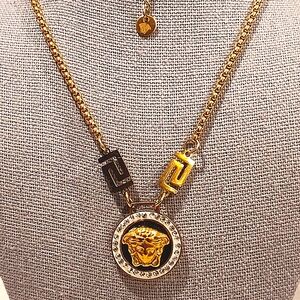 VERSACE CRYSTAL LA MEDUSA GRECCA PENDANT & NECKLACE  SILVER, ONYX & RHINESTONES